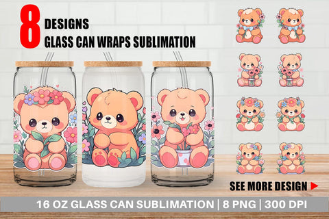 Glass Can Cute Teddy Bear Sublimation artnoy 