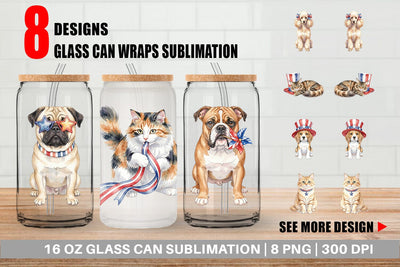 Glass Can Cutesy Patriotic Dogs and Cats Sublimation artnoy 