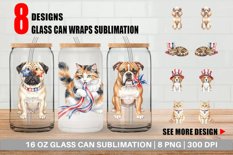 Glass Can Cutesy Patriotic Dogs and Cats Sublimation artnoy 