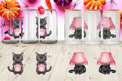Glass Can Cynical Black Cat Pink Retro Watercolor Sublimation artnoy 