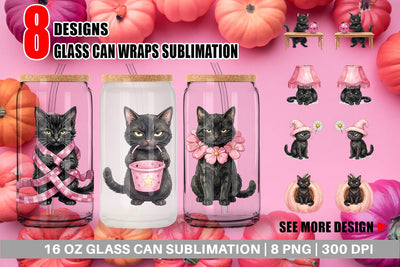 Glass Can Cynical Black Cat Pink Retro Watercolor Sublimation artnoy 