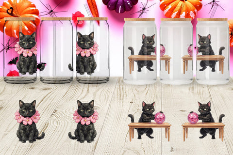 Glass Can Cynical Black Cat Pink Retro Watercolor Sublimation artnoy 