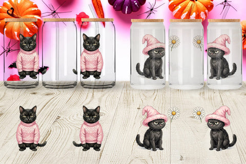 Glass Can Cynical Black Cat Pink Retro Watercolor Sublimation artnoy 