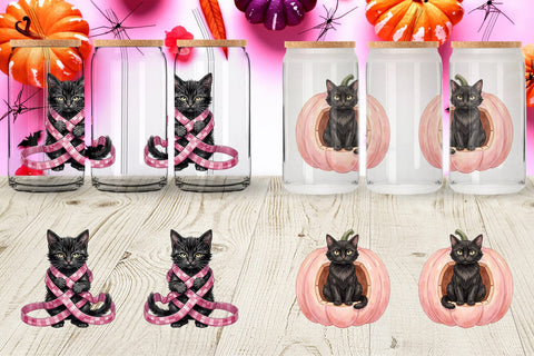 Glass Can Cynical Black Cat Pink Retro Watercolor Sublimation artnoy 