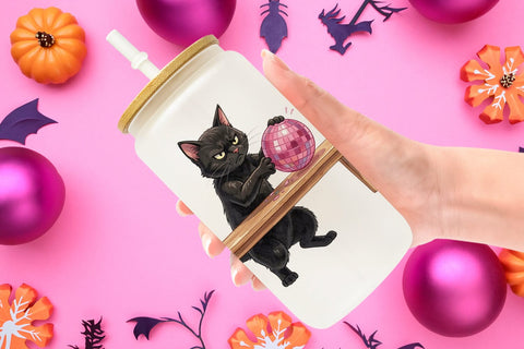 Glass Can Cynical Black Cat Pink Retro Watercolor Sublimation artnoy 