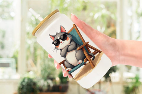 Glass Can Cynical Summer Cats Watercolor Sublimation artnoy 