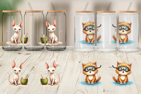Glass Can Cynical Summer Cats Watercolor Sublimation artnoy 