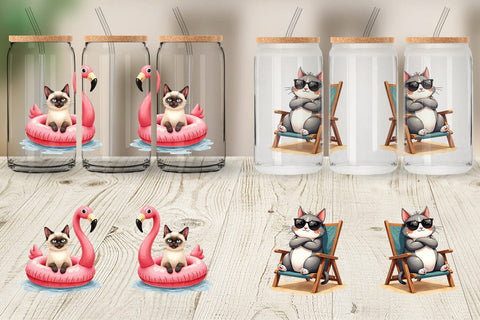 Glass Can Cynical Summer Cats Watercolor Sublimation artnoy 