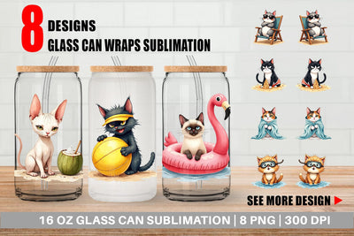 Glass Can Cynical Summer Cats Watercolor Sublimation artnoy 