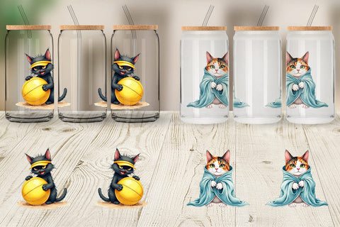 Glass Can Cynical Summer Cats Watercolor Sublimation artnoy 