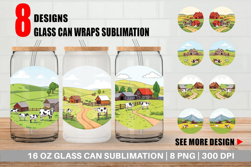Glass Can Dairy Farm Scene Sublimation artnoy 