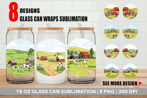 Glass Can Dairy Farm Scene Sublimation artnoy 