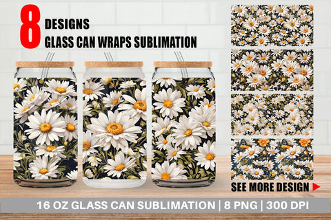 Glass Can Daisies Pattern Sublimation artnoy 
