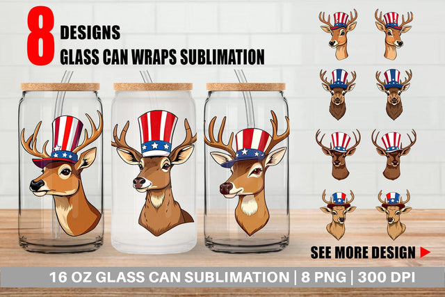 Glass Can Deer Patriotic Sublimation artnoy 