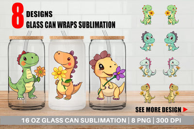 Glass Can Dino with Flower Sublimation artnoy 