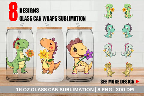 Glass Can Dino with Flower Sublimation artnoy 