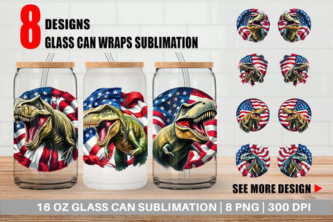 Glass Can Dinosaur 4th of July Sublimation artnoy 