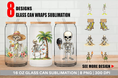 Glass Can Disgruntled Summer Skeleton Watercolor Sublimation artnoy 