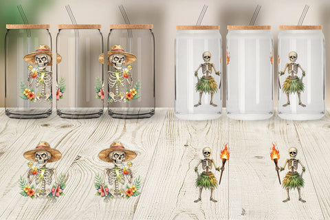 Glass Can Disgruntled Summer Skeleton Watercolor Sublimation artnoy 
