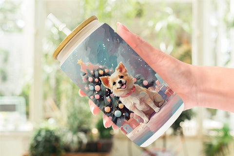 Glass Can Dog Christmas Painting Sublimation artnoy 