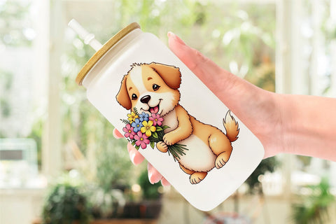 Glass Can Dog Spring Bouquet Sublimation artnoy 