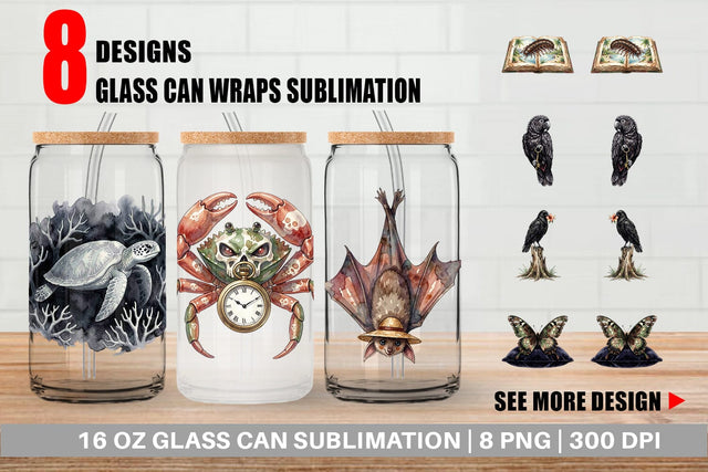 Glass Can Eerie Gothic Island Wildlife Watercolor Sublimation artnoy 