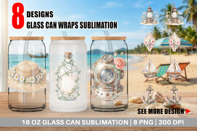 Glass Can Elegant Coastal Summer Watercolor Sublimation artnoy 