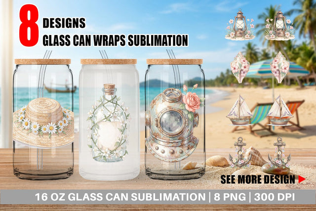 Glass Can Elegant Coastal Summer Watercolor Sublimation artnoy 