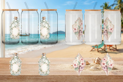 Glass Can Elegant Coastal Summer Watercolor Sublimation artnoy 