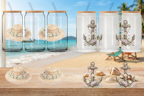 Glass Can Elegant Coastal Summer Watercolor Sublimation artnoy 