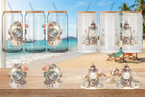 Glass Can Elegant Coastal Summer Watercolor Sublimation artnoy 