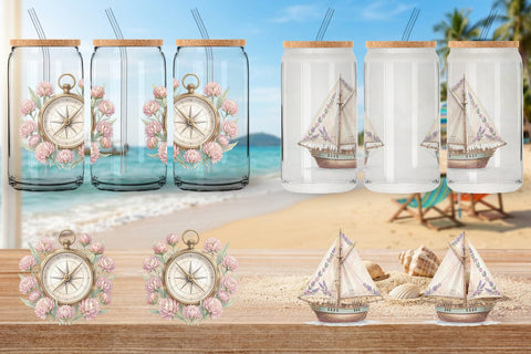 Glass Can Elegant Coastal Summer Watercolor Sublimation artnoy 