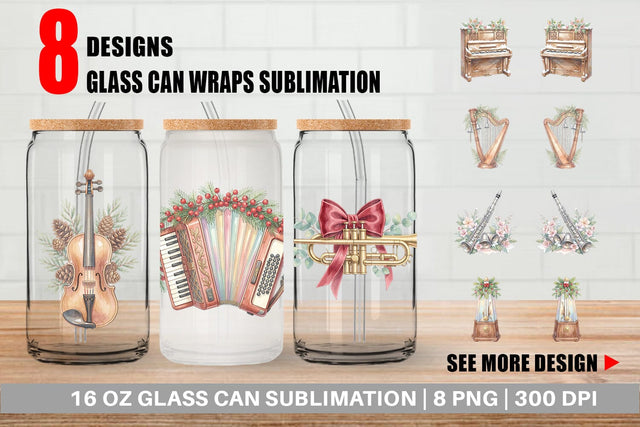 Glass Can Elegant Musical Holiday Watercolor Sublimation artnoy 