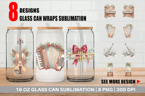 Glass Can Elegant Musical Holiday Watercolor Sublimation artnoy 