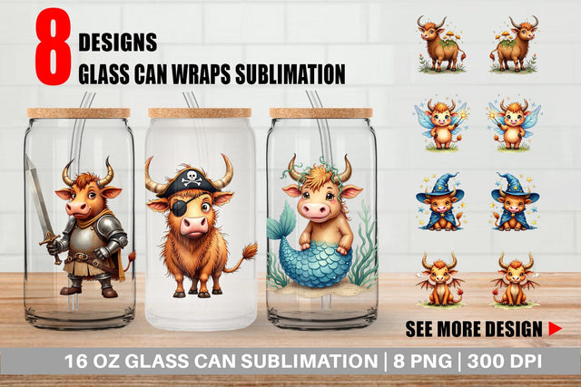 Glass Can Enchanted Highland Cows UglyCute Fantasy Watercolor Sublimation artnoy 