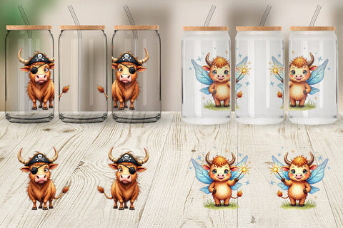 Glass Can Enchanted Highland Cows UglyCute Fantasy Watercolor Sublimation artnoy 