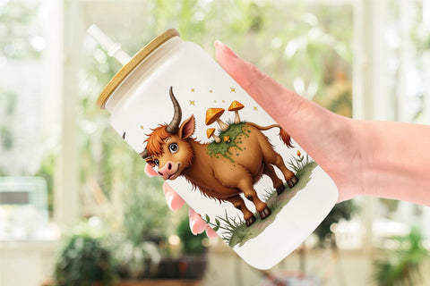 Glass Can Enchanted Highland Cows UglyCute Fantasy Watercolor Sublimation artnoy 