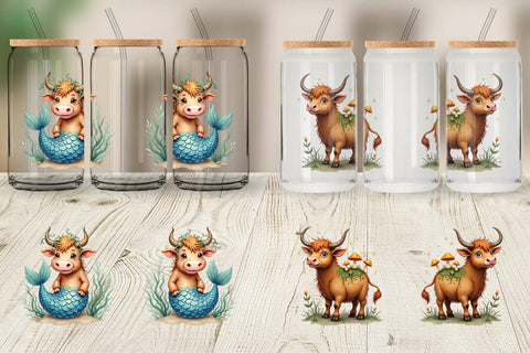 Glass Can Enchanted Highland Cows UglyCute Fantasy Watercolor Sublimation artnoy 
