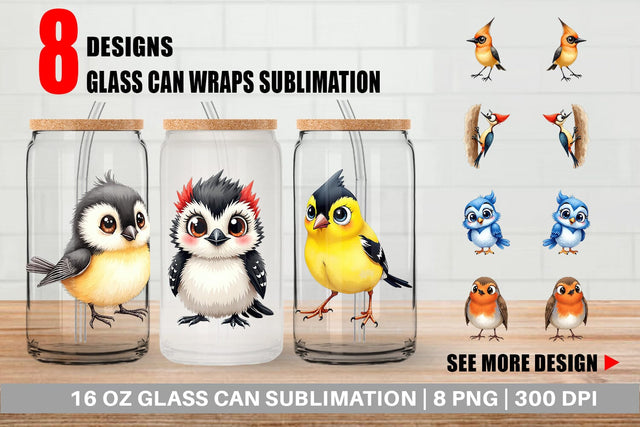 Glass Can Enchanted Winter Birds Watercolor Sublimation artnoy 