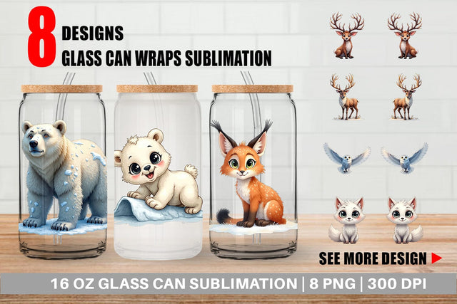 Glass Can Enchanted Winter Forest & Arctic Friends Sublimation artnoy 