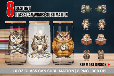 Glass Can Exhausted Owl Dark Academia Watercolor Sublimation artnoy 