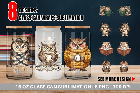 Glass Can Exhausted Owl Dark Academia Watercolor Sublimation artnoy 