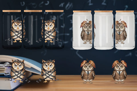 Glass Can Exhausted Owl Dark Academia Watercolor Sublimation artnoy 