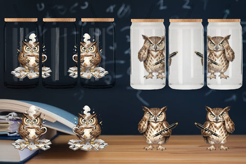 Glass Can Exhausted Owl Dark Academia Watercolor Sublimation artnoy 