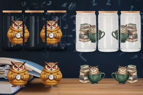 Glass Can Exhausted Owl Dark Academia Watercolor Sublimation artnoy 
