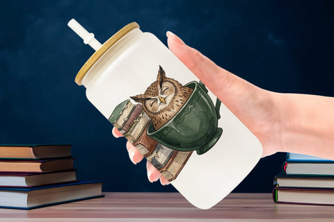 Glass Can Exhausted Owl Dark Academia Watercolor Sublimation artnoy 