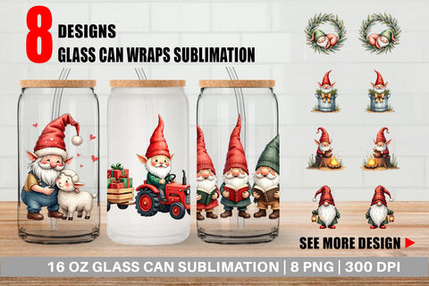 Glass Can Farmhouse Christmas Gnomes Watercolor Sublimation artnoy 