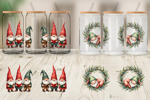 Glass Can Farmhouse Christmas Gnomes Watercolor Sublimation artnoy 