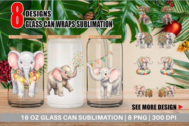 Glass Can Festive Carnival Elephant Watercolor Sublimation artnoy 