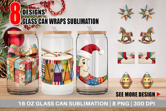 Glass Can Festive Handcrafted Patchwork Sublimation artnoy 